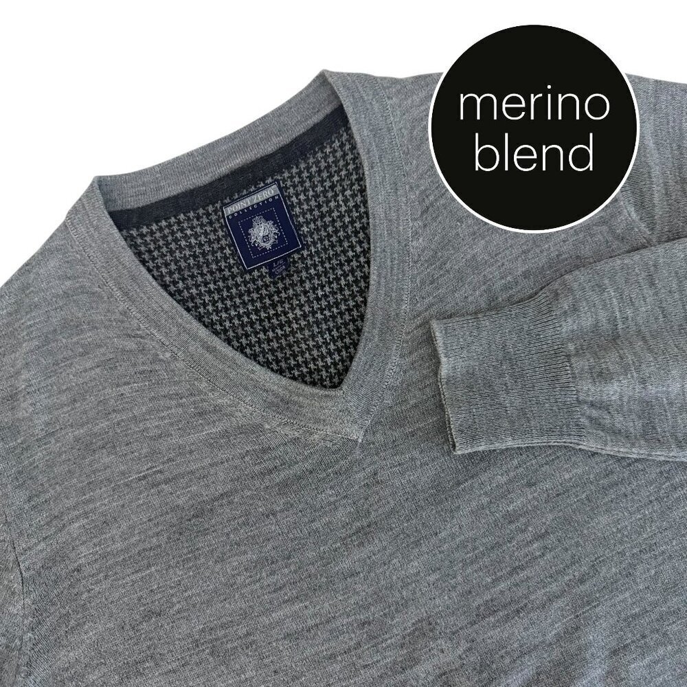 POINT ZERO COLLECTION Grey Merino Blend V-Neck Knit Sweater Large - Picture 3 of 14